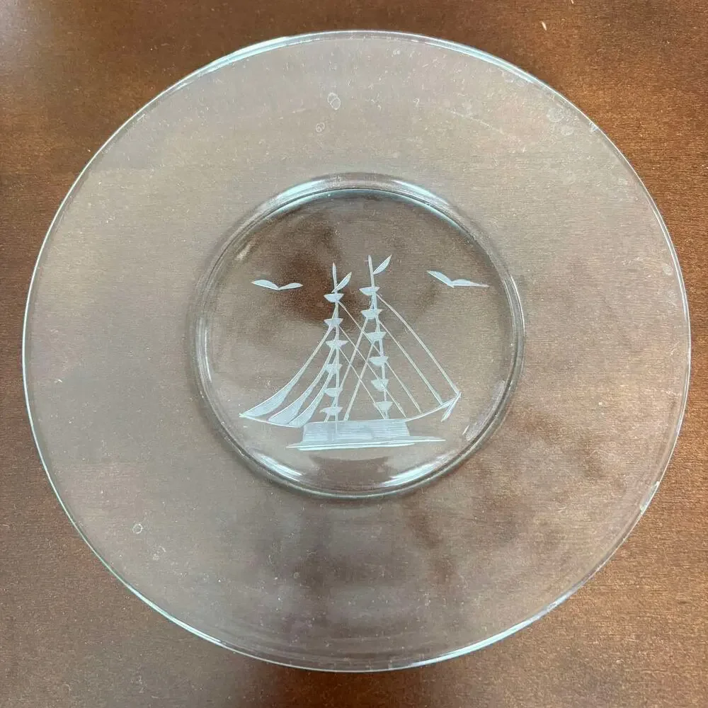 Vintage Etched Glass Cheese Dome w Plate Nautical Ship Cloche Butter DishCoastal